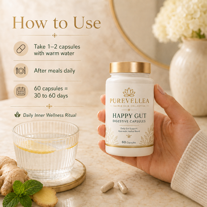 PUREVELLEA® Happy Gut Digestive Capsules – Ayurvedic Herbal Support for Daily Gut Wellness