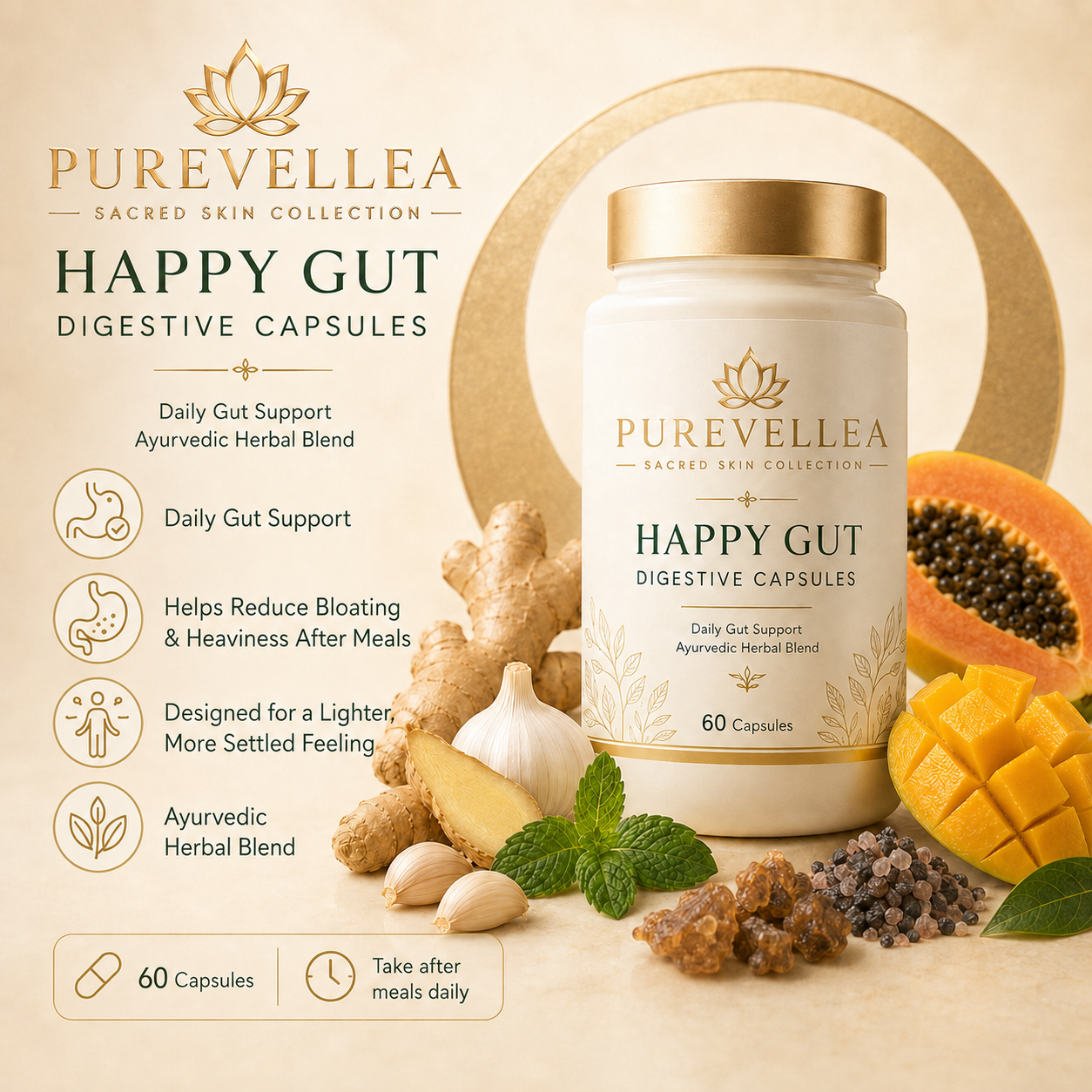 PUREVELLEA® Happy Gut Digestive Capsules – Ayurvedic Herbal Support for Daily Gut Wellness