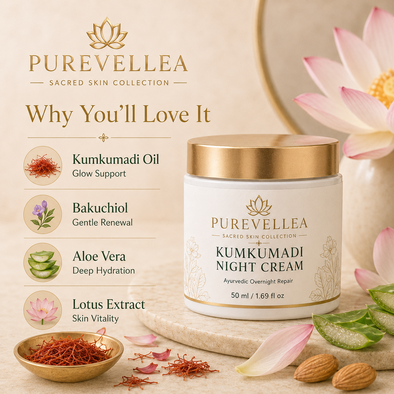 PUREVELLEA® Kumkumadi Night Cream – Ayurvedic Overnight Repair Moisturizer with Bakuchiol