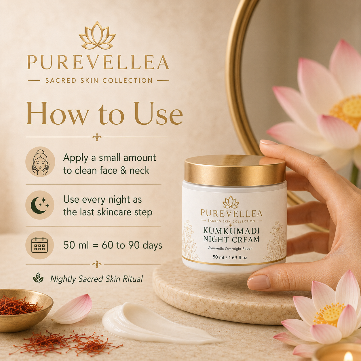 PUREVELLEA® Kumkumadi Night Cream – Ayurvedic Overnight Repair Moisturizer with Bakuchiol