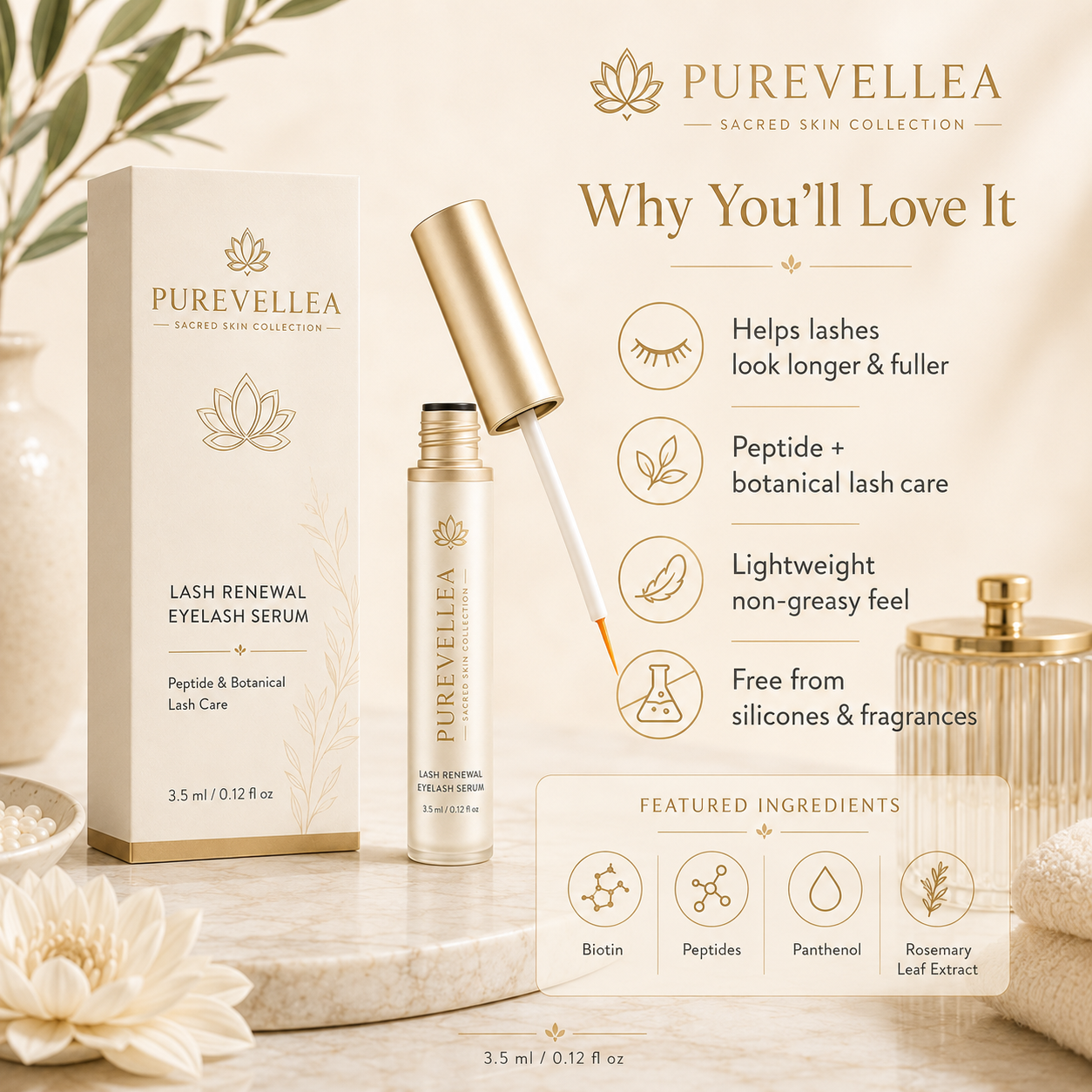 PUREVELLEA® Lash Renewal Eyelash Serum – Peptide & Botanical Lash Care